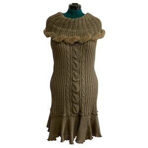 Essentials by Milano Faux Fur Trim Wool Blend Cable Knit Ribbed Sweater Dress